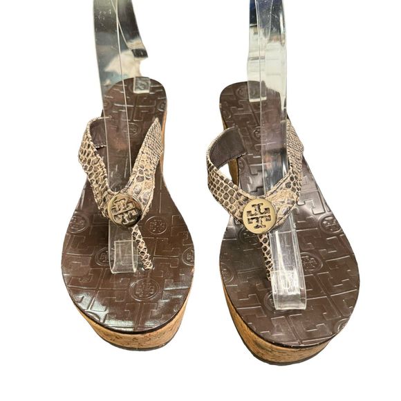Tory Burch Thora Snakeskin Print Leather Cork Platform Wedge Flip Flops 9 M a14 - Picture 3 of 7
